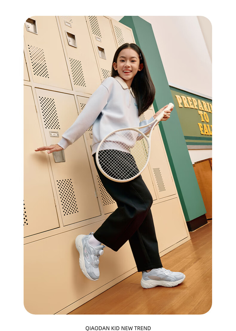 QIAODAN Girls' Running Shoes Kids Spring Autumn Lightweight Sports Shoes with Knob Mesh Graphite Blue/QIAODAN White Size 38 24