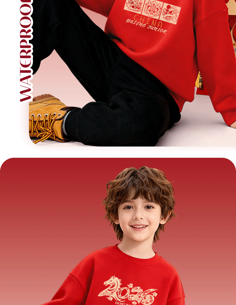 Baleno Children's Sweatshirt, Autumn And Winter Fleece-Lined, Boys And Girls New Year Red Top, Year of The Horse Zodiac Year, Chinese New Year Clothing, Greeting Clothes 12