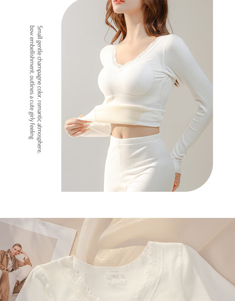 Mankejiao Women's Cashmere Silk Thermal Underwear Set Fleece Lined Thickened 2025 Autumn Winter New Long Johns Bra-Free 5
