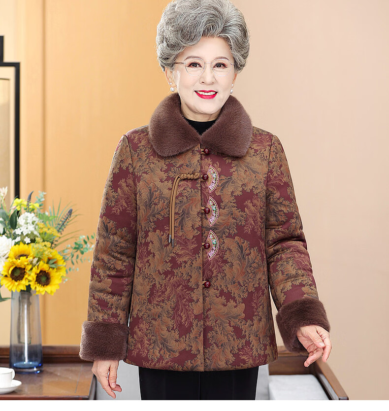 Fengxiao Mama Winter Coat Elderly Cotton-padded Jacket for Women 70-80 Years Old Mid-Aged and Senior Autumn Winter Thickened Fleece Lined Stylish Clothing 4