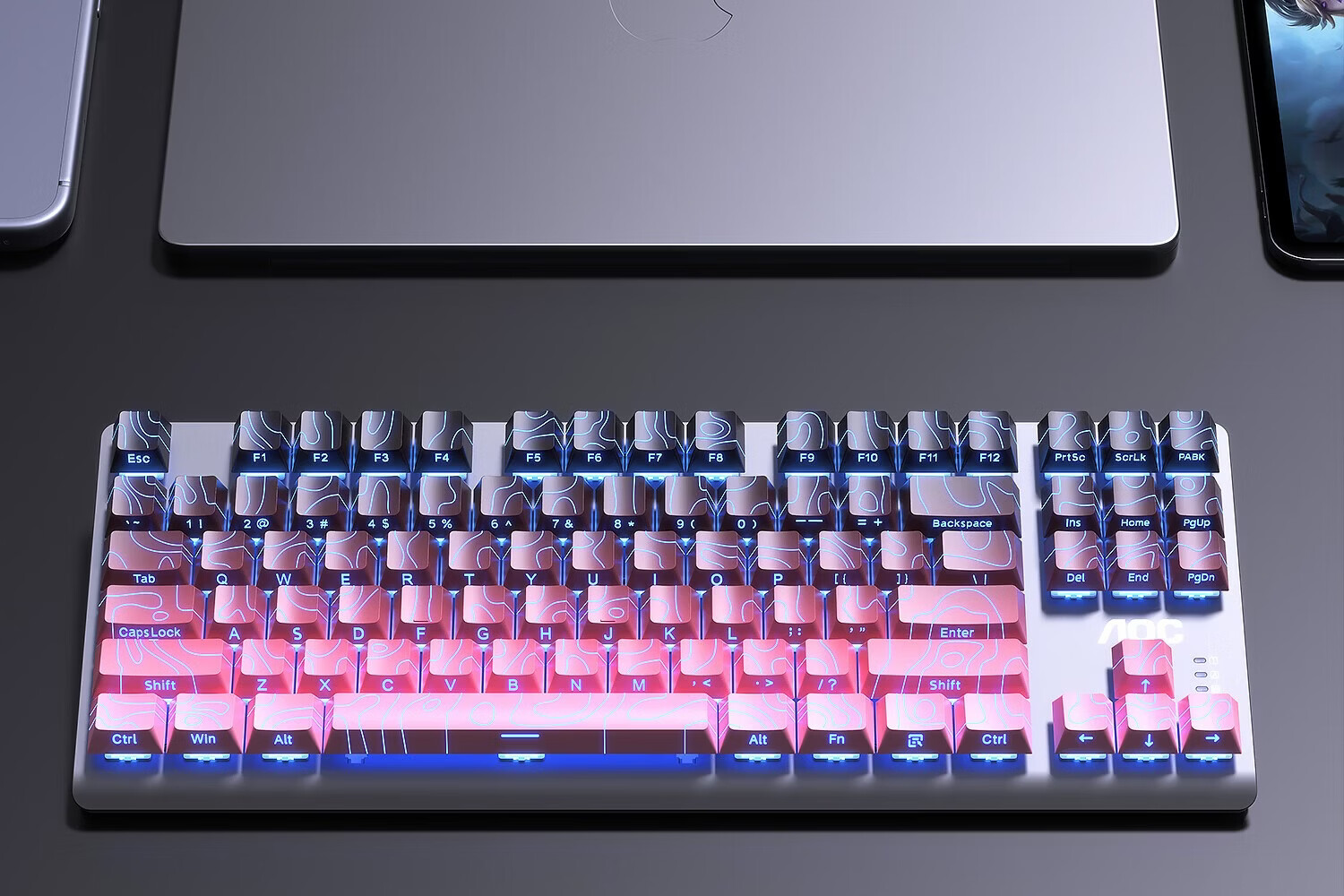 AOC GK200 Mechanical Keyboard Contour Side-Printed Wired Gaming Keyboard Hot-Swappable RGB Backlit 87-Key Anti-Ghosting Blackberry Pink Tea Switch 8