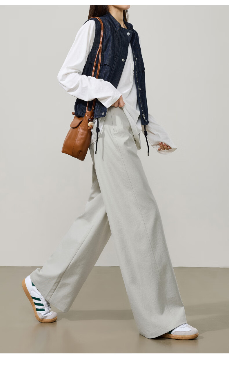ESE-Y Wrinkle-Resistant Titanium Cotton Wide-Leg Pants for Women Spring 2026 New High-Waist Side Split Loose Straight Casual Pants Navy Blue Size 27 22