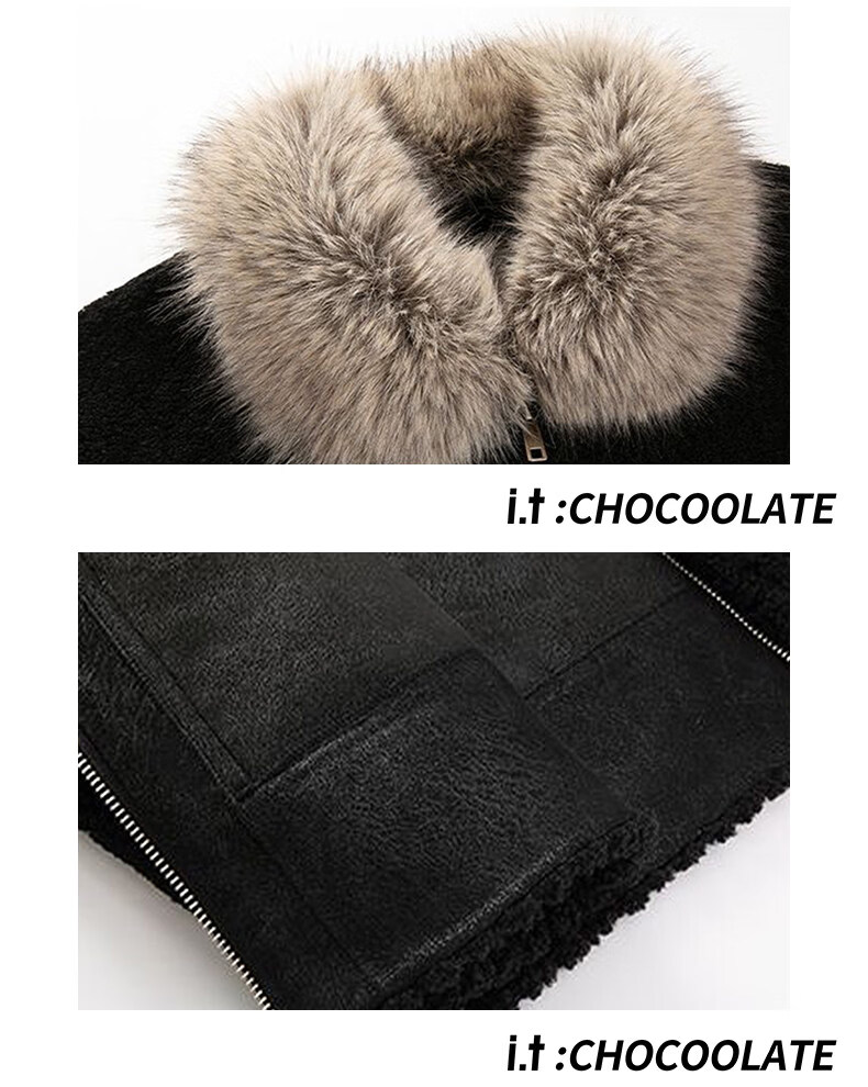 :CHOCOOLATE IT Dyed Lamb Wool Collar Shearling Coat Autumn Winter Women's Black Eco-friendly Fur Black M 7