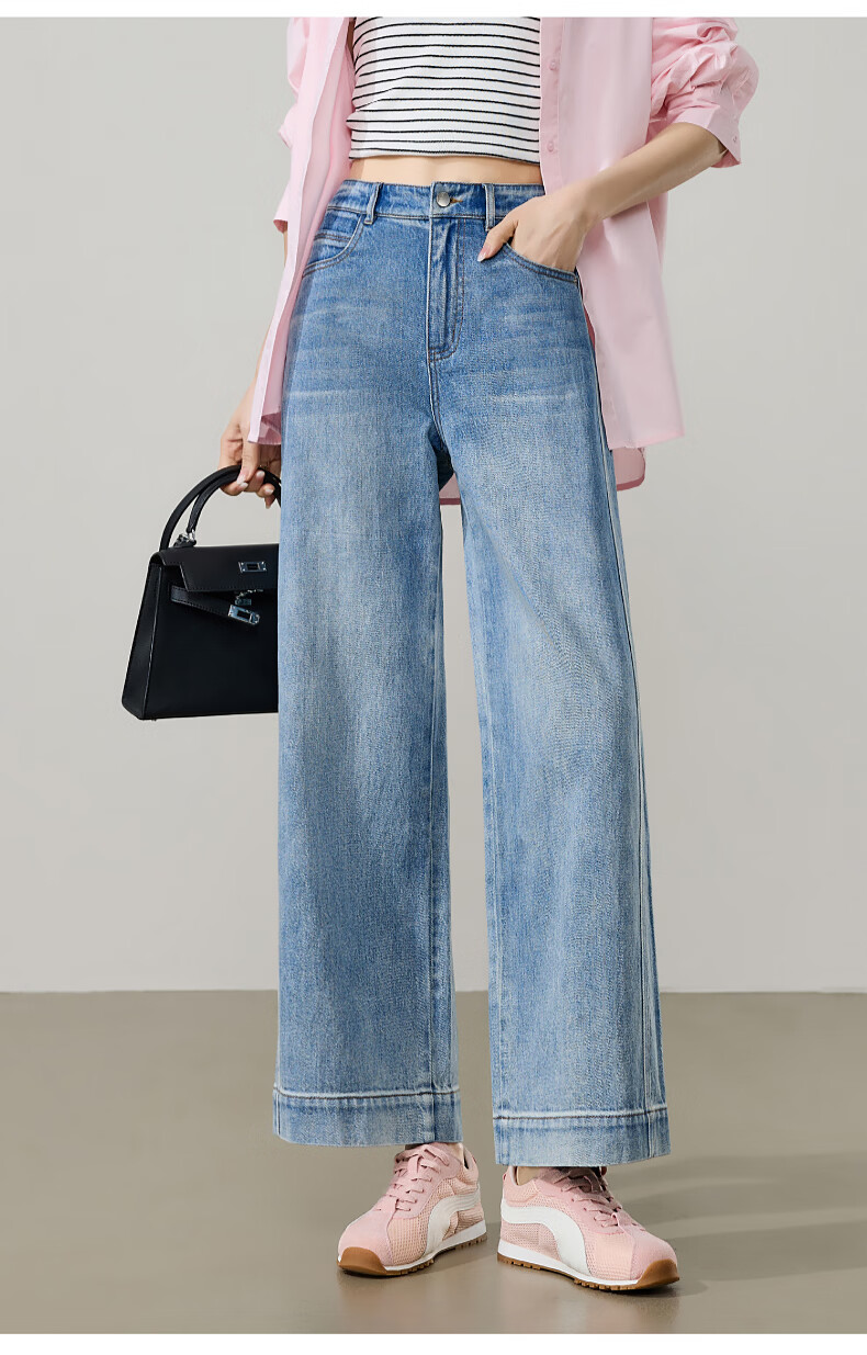 ESE-Y Slim Fit Cropped Wide-Leg Jeans for Women 26 Spring New Wide-Edge Straight Cut Petite Denim Blue 27 19