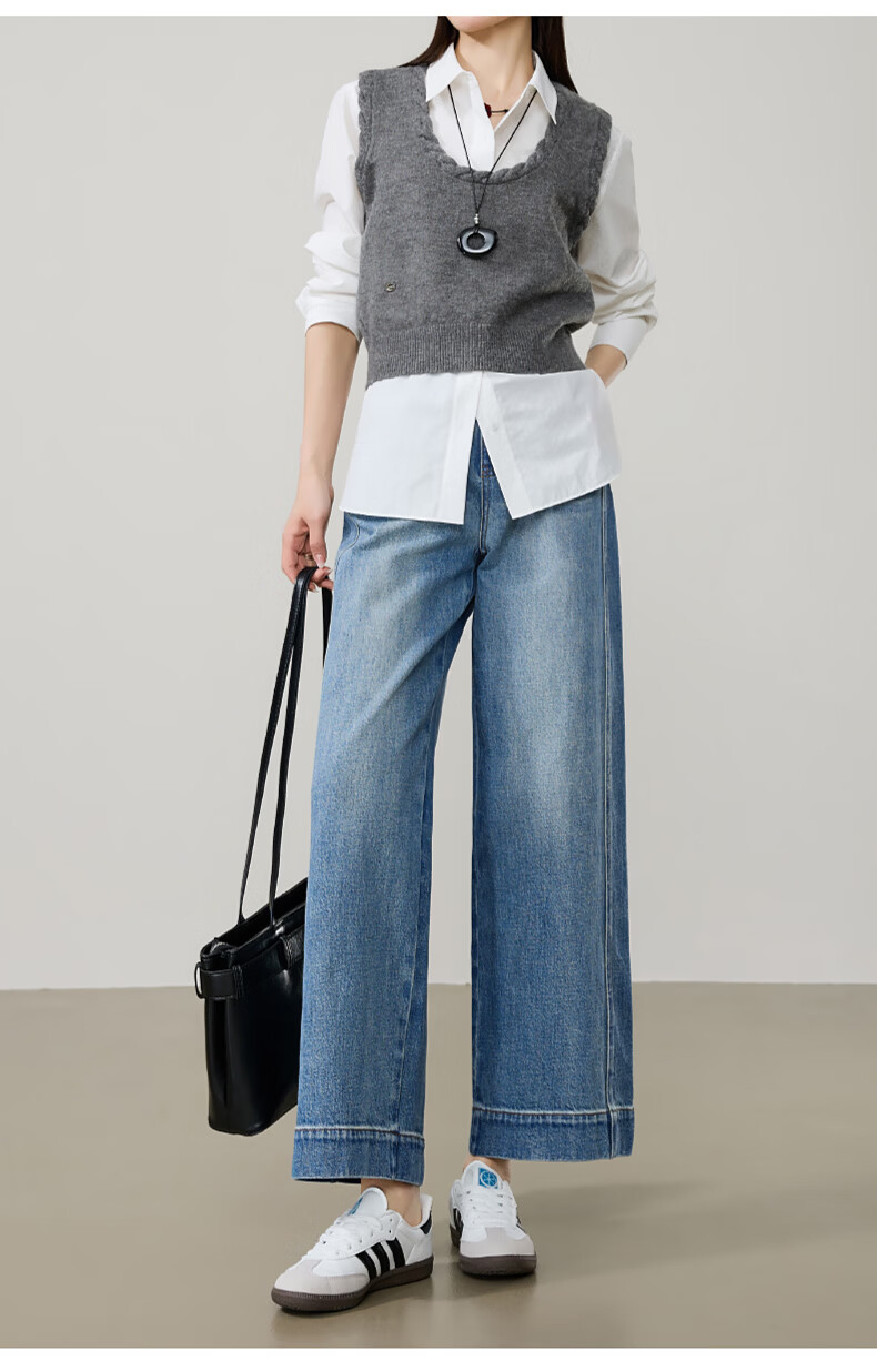 ESE-Y Slim Fit Cropped Wide-Leg Jeans for Women 26 Spring New Wide-Edge Straight Cut Petite Denim Blue 27 15