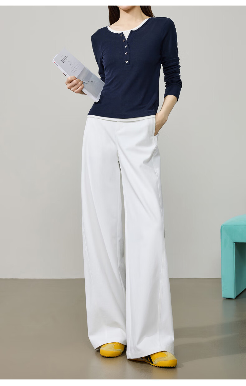 ESE-Y Wrinkle-Resistant Titanium Cotton Wide-Leg Pants for Women Spring 2026 New High-Waist Side Split Loose Straight Casual Pants Navy Blue Size 27 11
