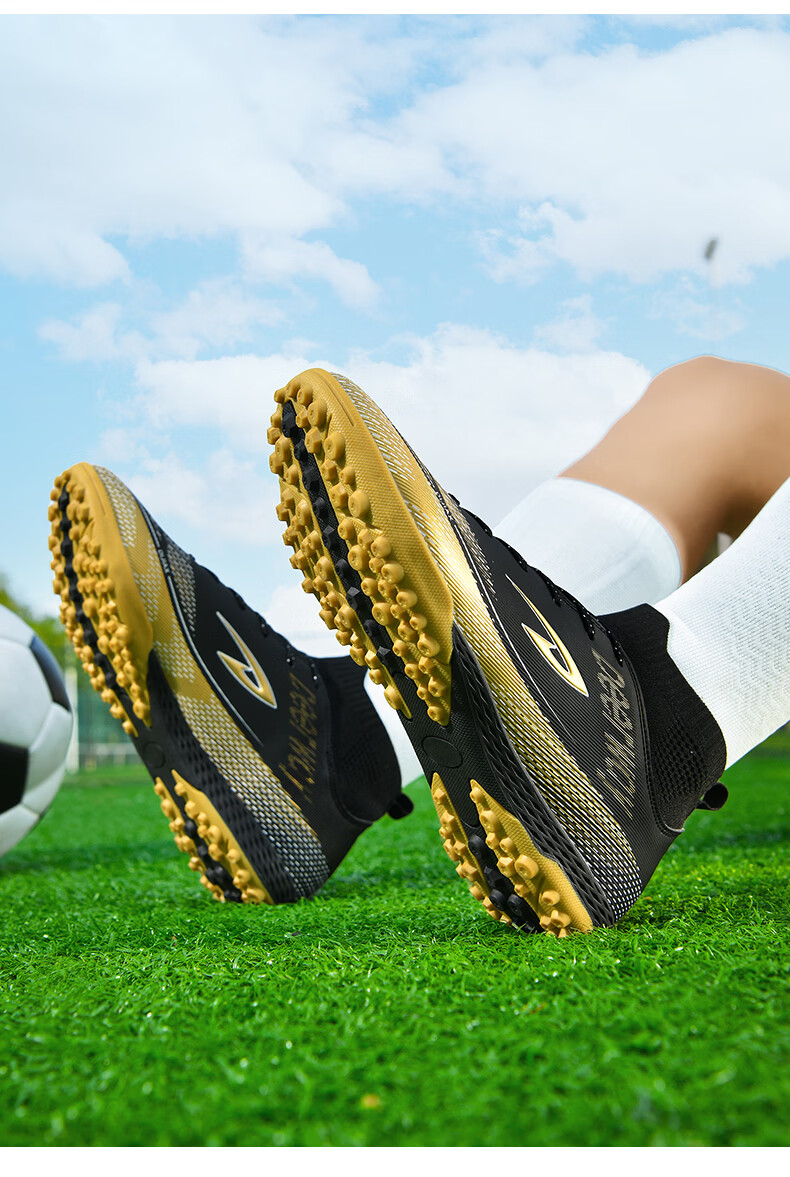 DEERWAY Adult Youth Soccer Shoes TF Turf Studs Non-Slip Durable Match Shoes Obsidian Gold TF Turf Studs Size 37 40