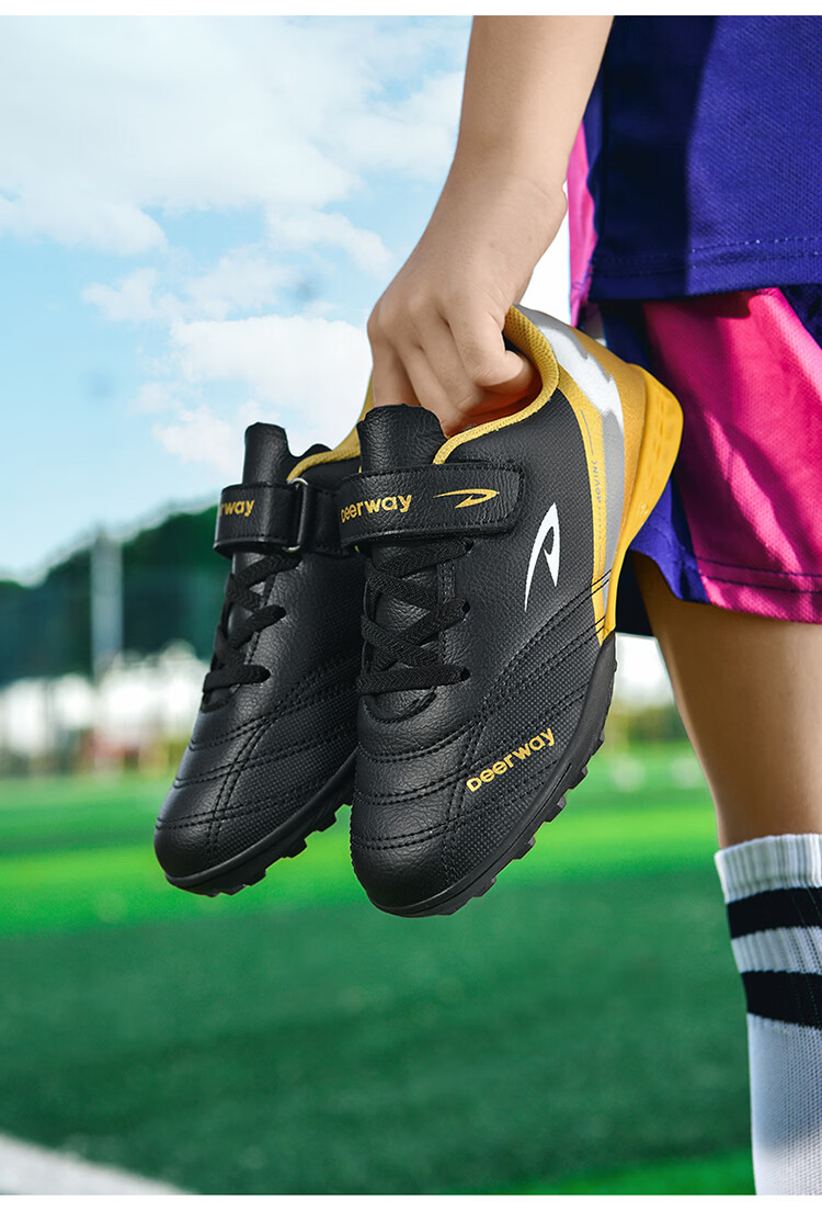 DEERWAY Kids Soccer Shoes Velcro Slip-On Boys Girls Primary School TF Turf Non-Slip Wear-Resistant Black Gold Size 39 17