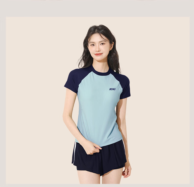 Jiehu Women's Premium Two-Piece Short Sleeve Conservative Slimming Swimwear Sports Hot Spring Bathing Suit 8