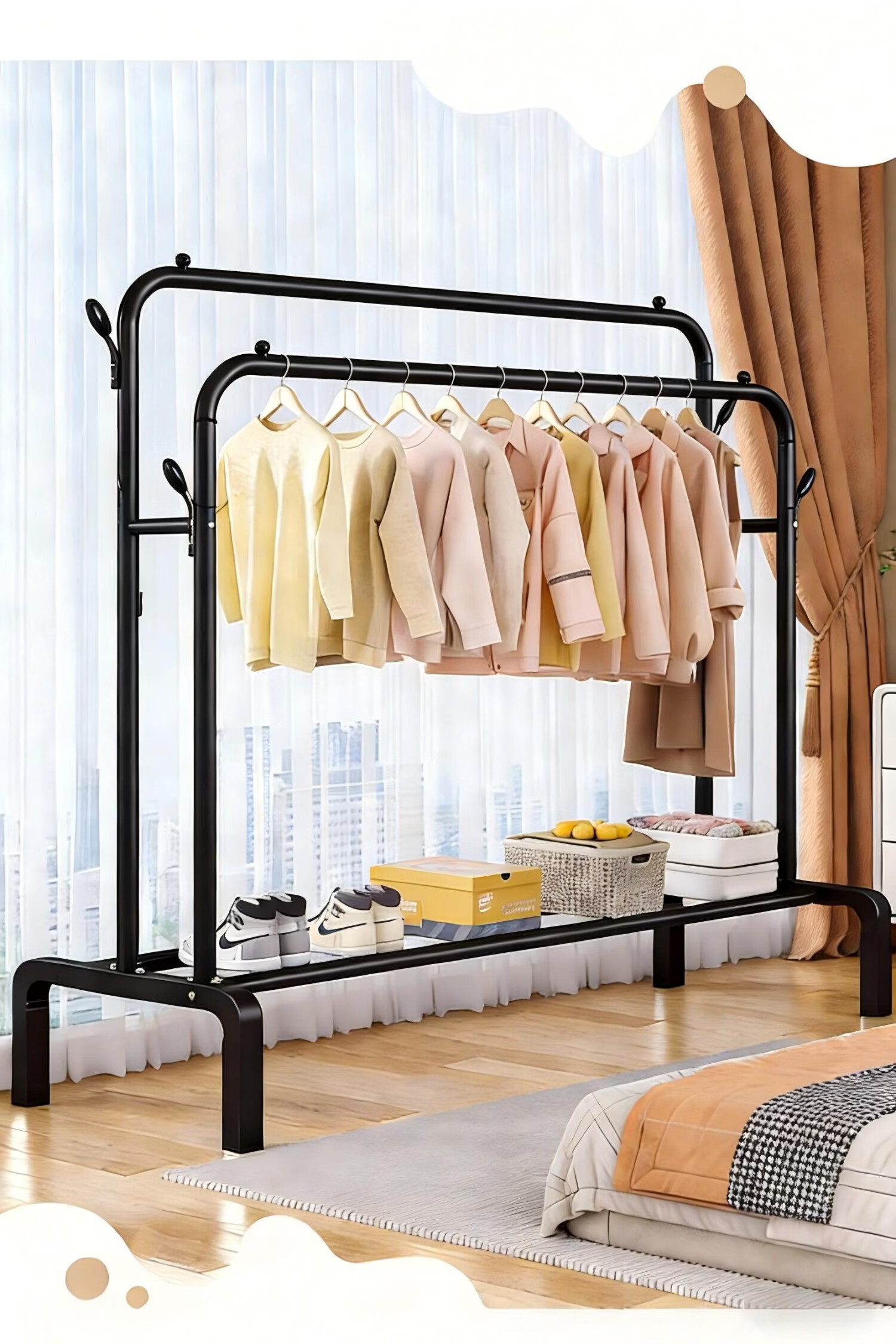 Jiajieshi Floor Standing Coat Rack Bedroom Dedicated Clothes Hanger Dormitory Storage Thickened Double Rod Clothes Drying Rack 1.1m Black 5