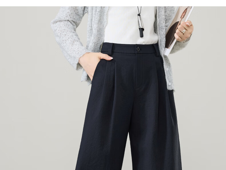 ESE-Y Wrinkle-Resistant Titanium Cotton Nine-Point Straight Wide-Leg Pants for Women 2026 Spring New Draped Casual Pants Navy Blue 27 30