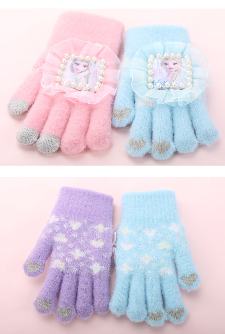Disney Kids Gloves Autumn Winter Girls Five-Finger Warm Elsa Baby Girl Knitted Gloves 2