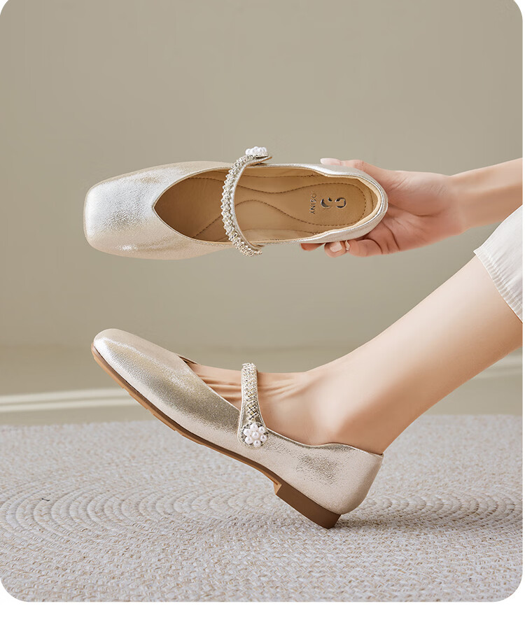 Zhuoshini Dress Single Shoes 2026 New Spring Autumn Qipao French Mary Jane Women's Flat Low Heel Leather Shoes Light Gold 38 13