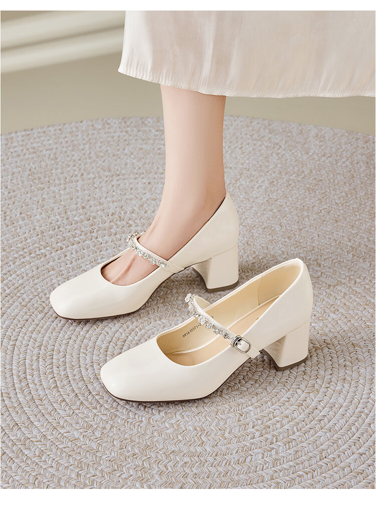 Josiny French Mary Jane Shoes Women's 2026 Summer New Rhinestone Chunky Heel Height Increasing Pumps with Skirt Off-White Size 37 9