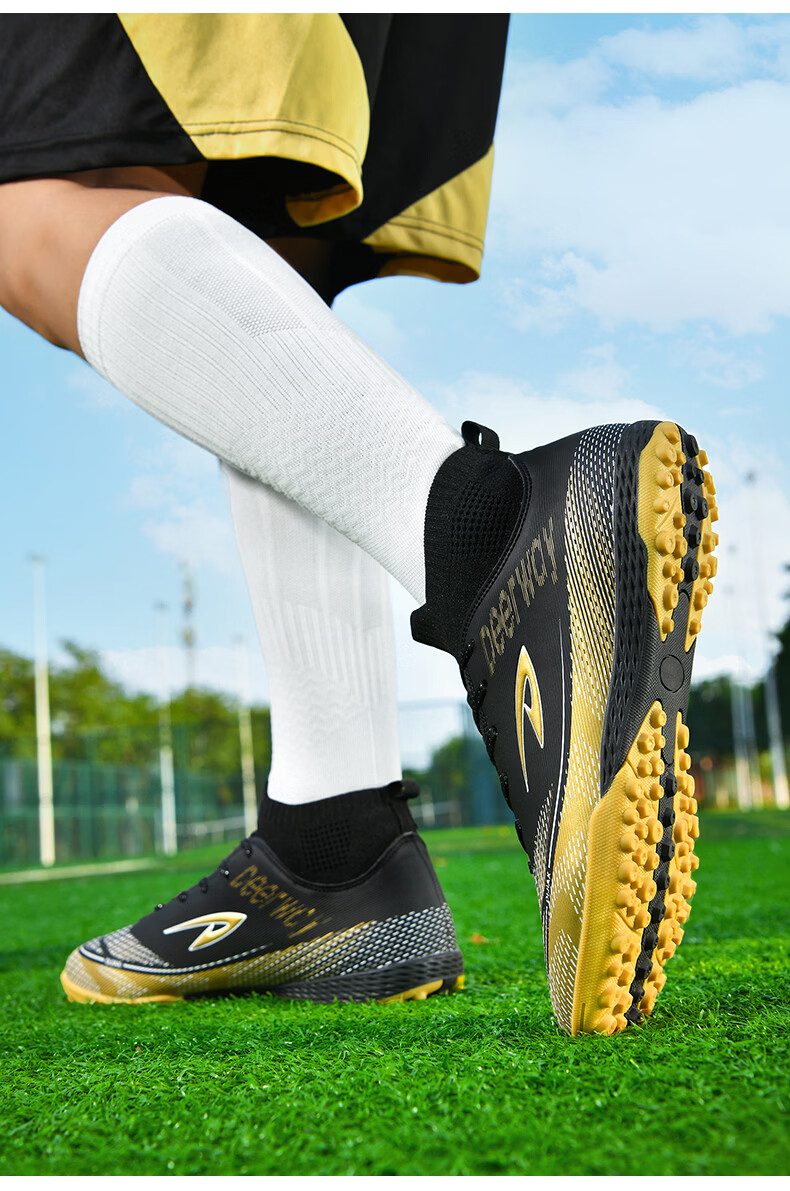 DEERWAY Adult Youth Soccer Shoes TF Turf Studs Non-Slip Durable Match Shoes Obsidian Gold TF Turf Studs Size 37 39