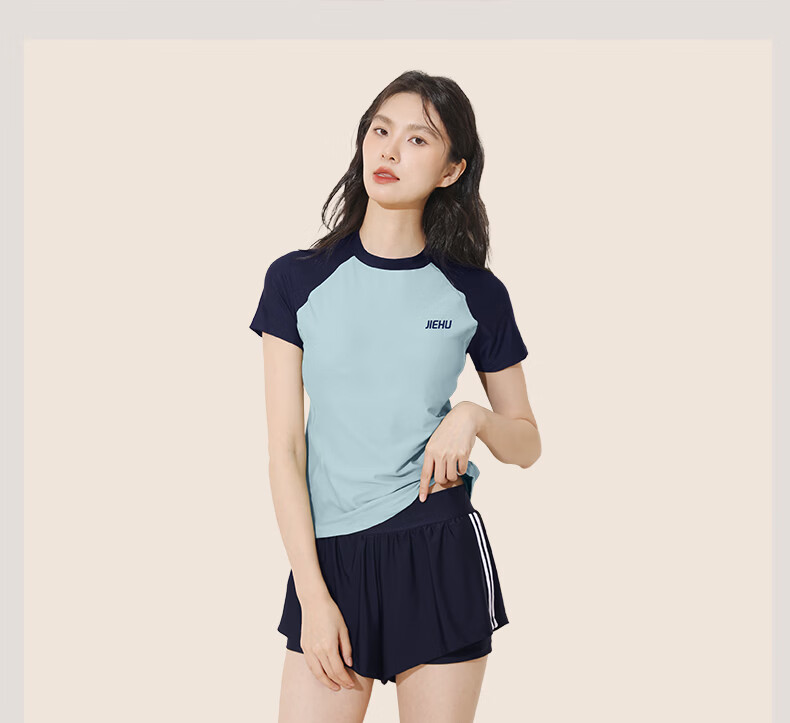 Jiehu Women's Premium Two-Piece Short Sleeve Conservative Slimming Swimwear Sports Hot Spring Bathing Suit 6
