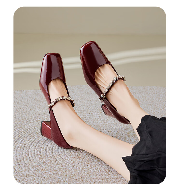 Josiny French Mary Jane Shoes Women's 2026 Summer New Rhinestone Chunky Heel Height Increasing Pumps with Skirt Off-White Size 37 17