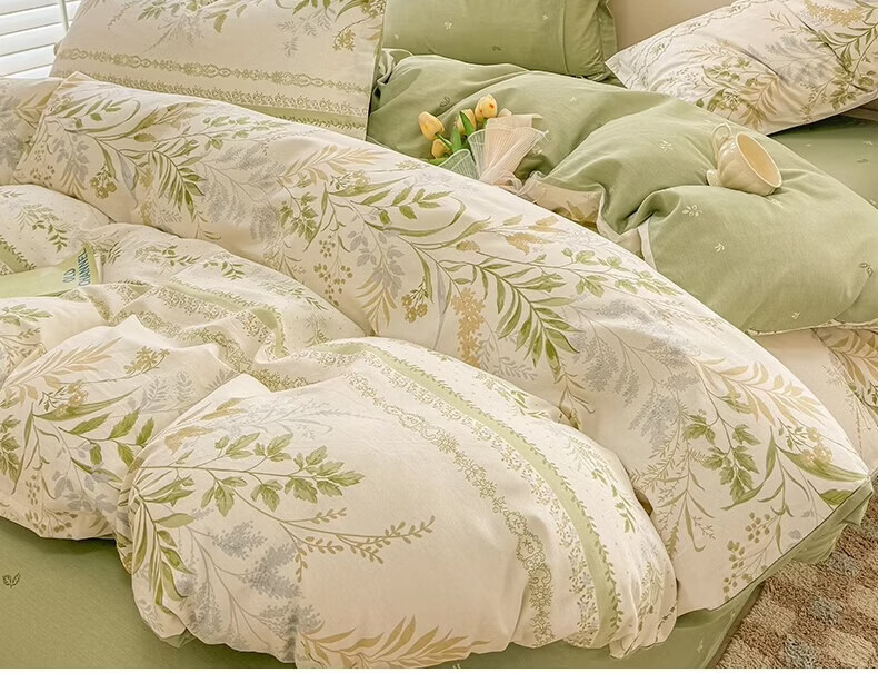 Hodo 100% Cotton Four-Piece Bedding Set, All Cotton Bed Linen, Spring and Autumn Bed Sheet and Quilt Cover 200x230cm, Youyou Xiancao, Suitable for 1.5/1.8m Bed 7