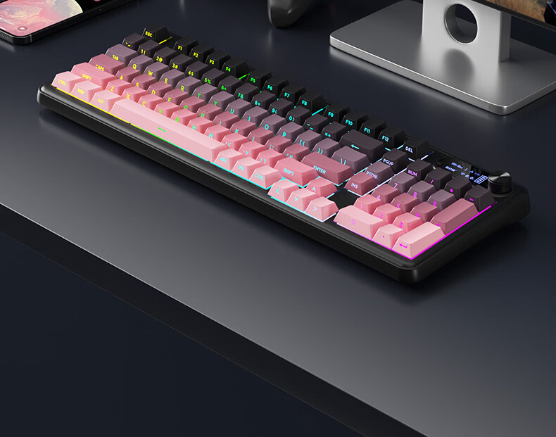 B.O.W Hangshi K980BDL Tri-mode Wireless Bluetooth Keyboard Compatible with Huawei Apple Wired Mechanical Feel Gaming Office Typing Female High Appearance 98 Keys Blackberry Pink 4
