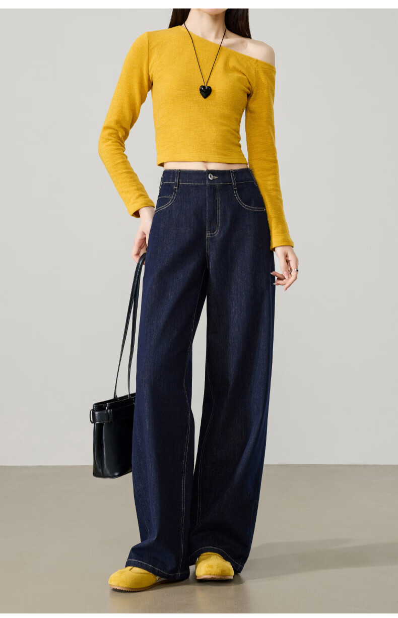 ESE-Y Women's Wide Straight Jeans 26 Spring New Colorfast Cotton Stretch Wide-Leg Pants Denim Blue 27 26