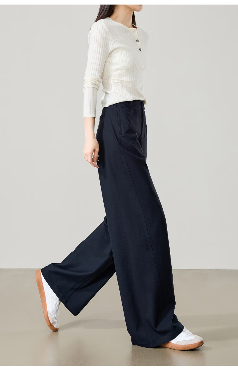 ESE-Y Wrinkle-Resistant Titanium Cotton Wide-Leg Pants for Women Spring 2026 New High-Waist Side Split Loose Straight Casual Pants Navy Blue Size 27 16