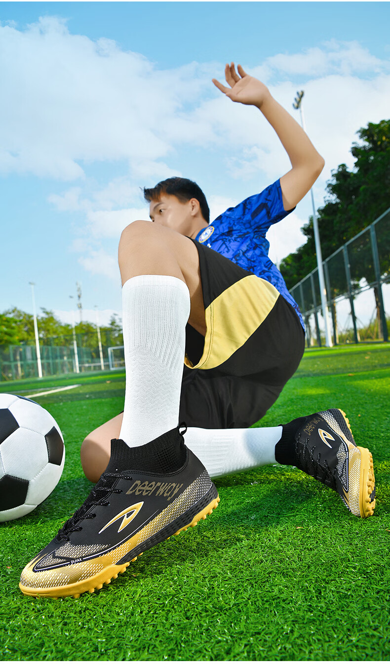 DEERWAY Adult Youth Soccer Shoes TF Turf Studs Non-Slip Durable Match Shoes Obsidian Gold TF Turf Studs Size 37 35