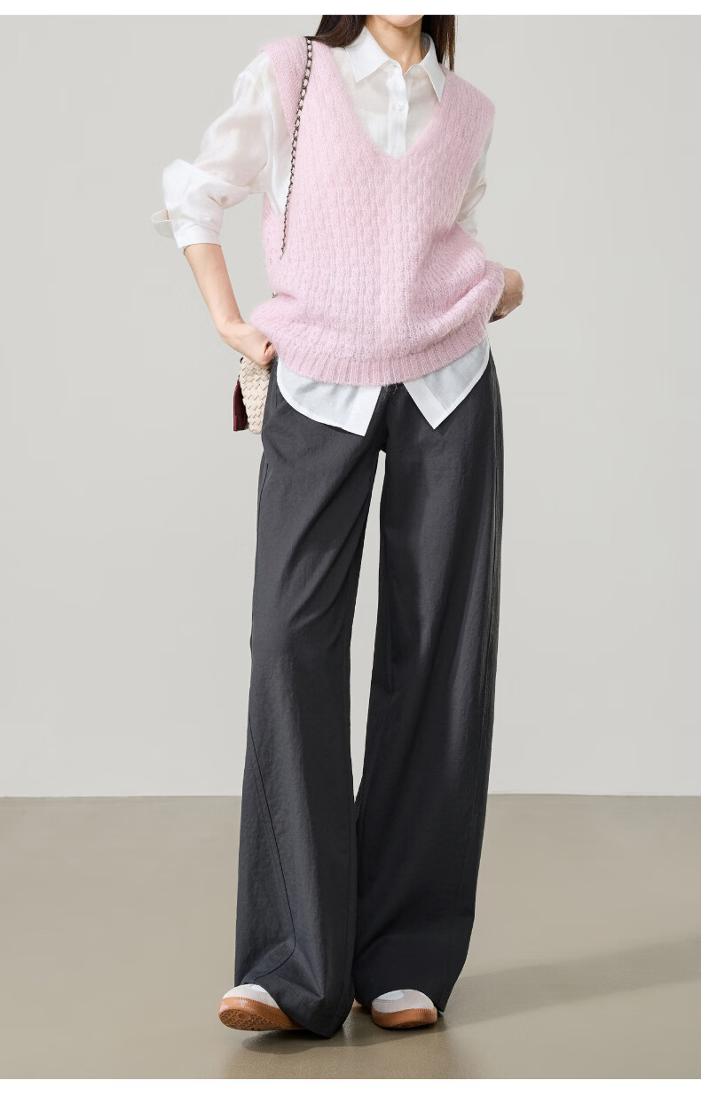 ESE-Y Wrinkle-Resistant Titanium Cotton Wide-Leg Pants for Women Spring 2026 New High-Waist Side Split Loose Straight Casual Pants Navy Blue Size 27 17