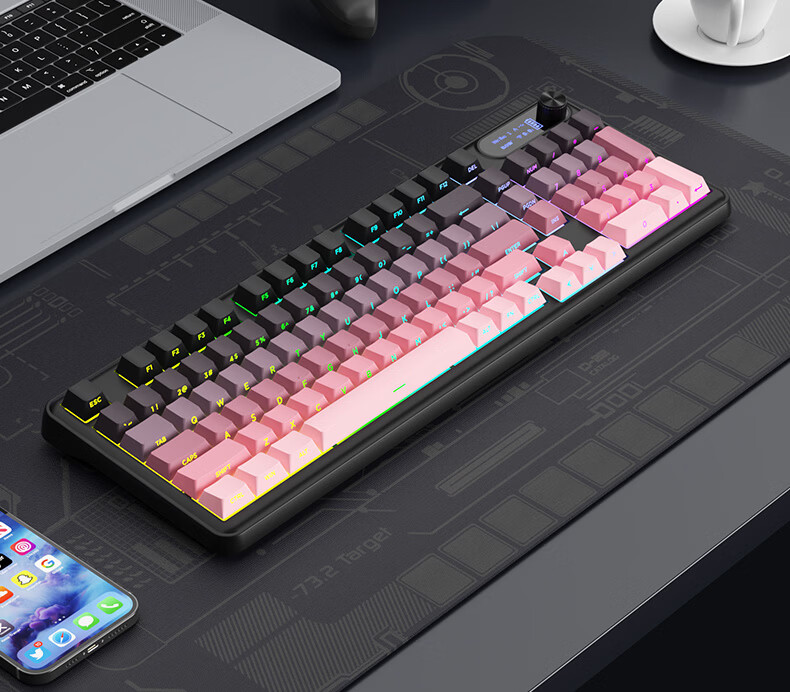B.O.W Hangshi K980BDL Tri-mode Wireless Bluetooth Keyboard Compatible with Huawei Apple Wired Mechanical Feel Gaming Office Typing Female High Appearance 98 Keys Blackberry Pink 2