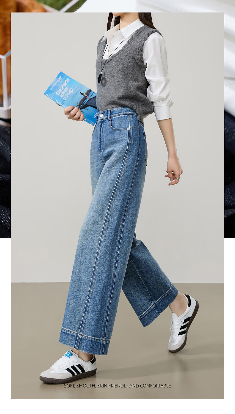 ESE-Y Slim Fit Cropped Wide-Leg Jeans for Women 26 Spring New Wide-Edge Straight Cut Petite Denim Blue 27 2