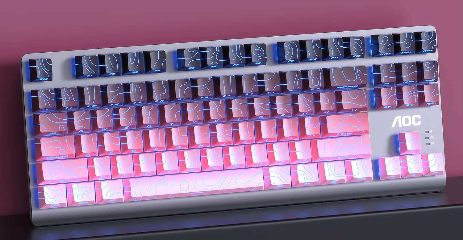 AOC GK200 Mechanical Keyboard Contour Side-Printed Wired Gaming Keyboard Hot-Swappable RGB Backlit 87-Key Anti-Ghosting Blackberry Pink Tea Switch 21
