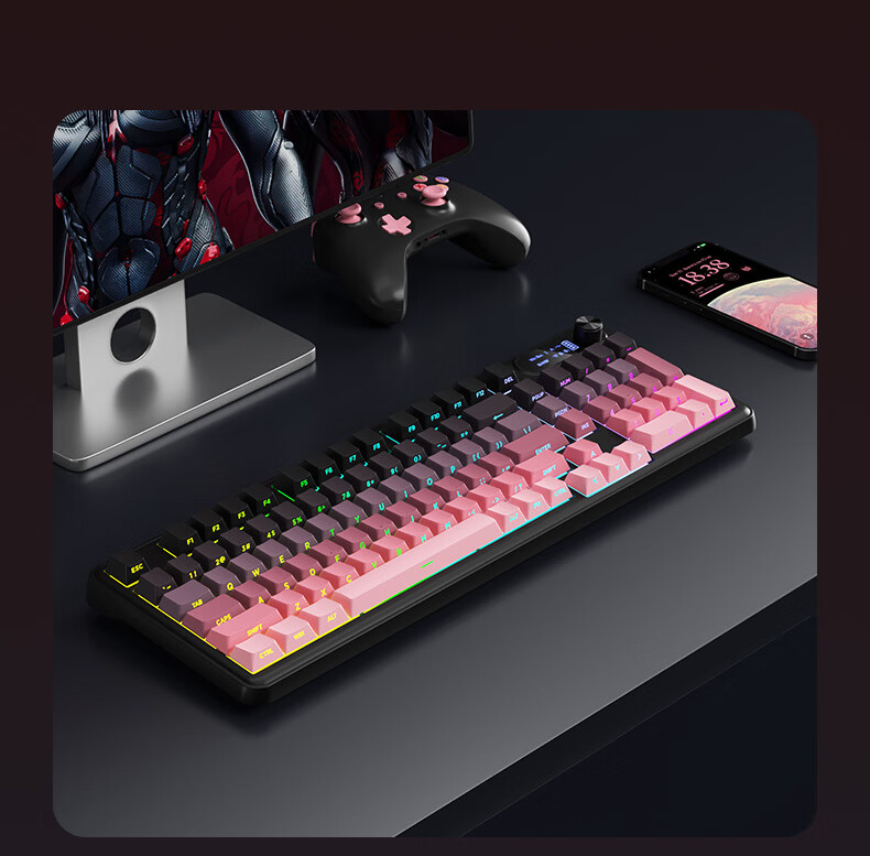 B.O.W Hangshi K980BDL Tri-mode Wireless Bluetooth Keyboard Compatible with Huawei Apple Wired Mechanical Feel Gaming Office Typing Female High Appearance 98 Keys Blackberry Pink 6