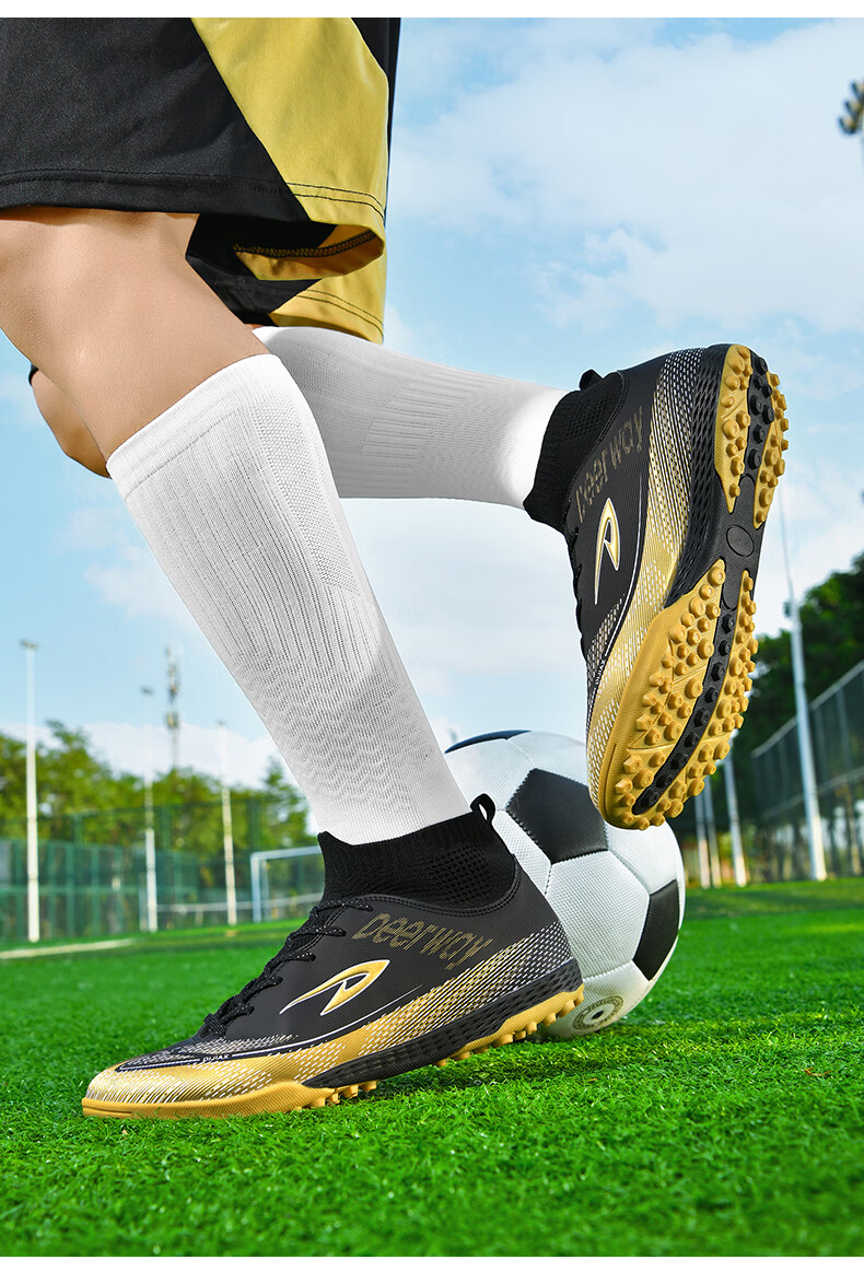 DEERWAY Adult Youth Soccer Shoes TF Turf Studs Non-Slip Durable Match Shoes Obsidian Gold TF Turf Studs Size 37 36