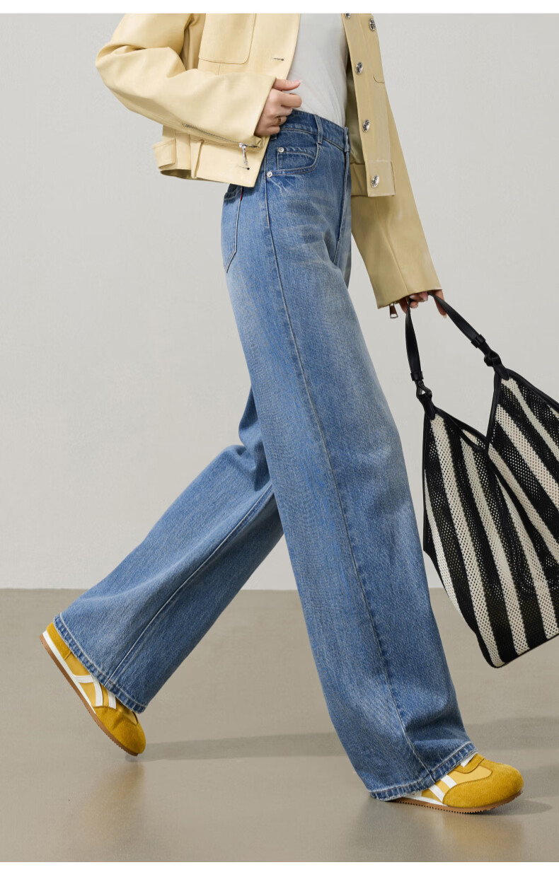 ESE-Y Women's Wide Straight Jeans 26 Spring New Colorfast Cotton Stretch Wide-Leg Pants Denim Blue 27 23