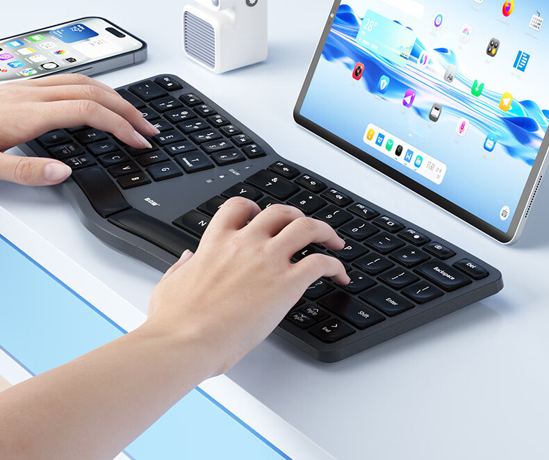 B.O.W Hangshi HD428CL Tri-mode Ergonomic Keyboard Wireless Bluetooth Wired Rechargeable Compatible with Huawei Laptop iPad Tablet Female Office 86 Keys Orange White 5