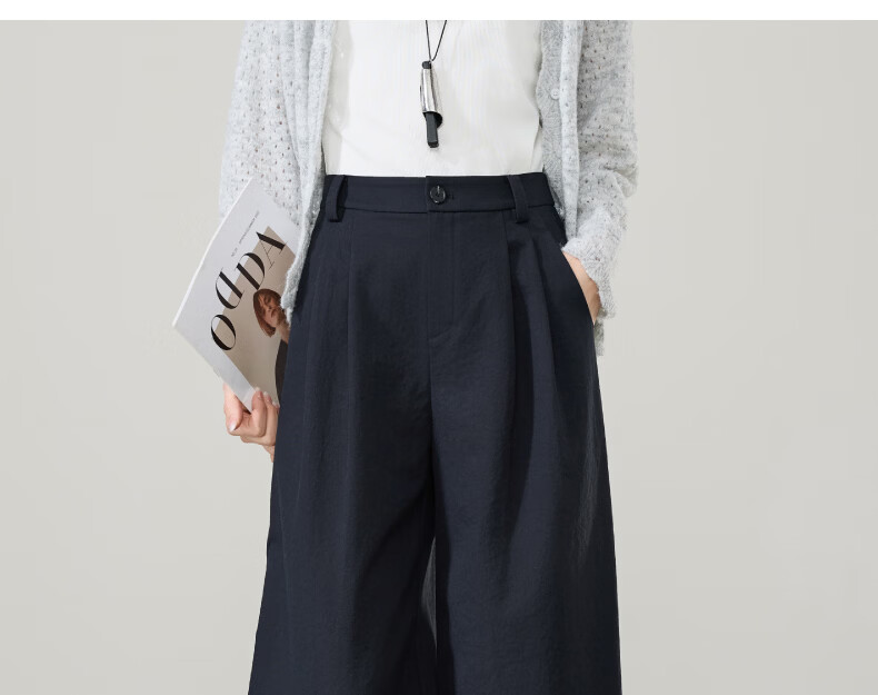 ESE-Y Wrinkle-Resistant Titanium Cotton Nine-Point Straight Wide-Leg Pants for Women 2026 Spring New Draped Casual Pants Navy Blue 27 32