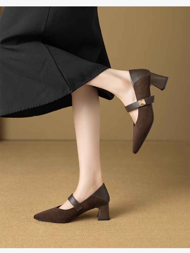 ZHR Pointed Toe Mary Jane Shoes for Women 2026 Spring New Thick Heel Suede Retro Versatile High Heels BL701 Black Size 34 16