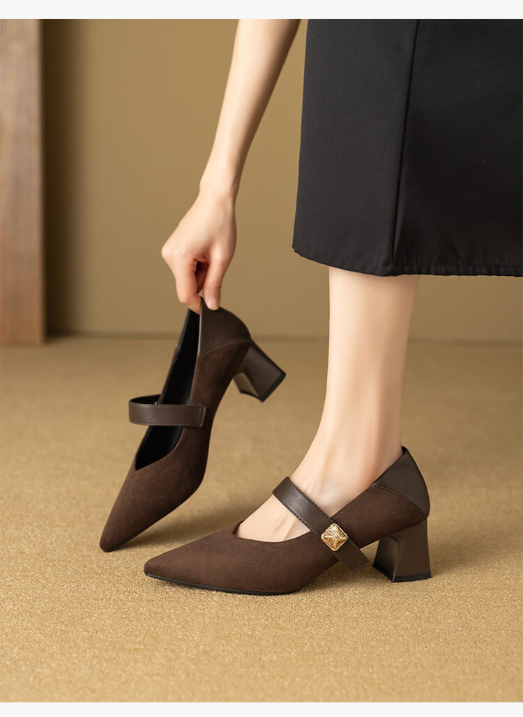 ZHR Pointed Toe Mary Jane Shoes for Women 2026 Spring New Thick Heel Suede Retro Versatile High Heels BL701 Black Size 34 15