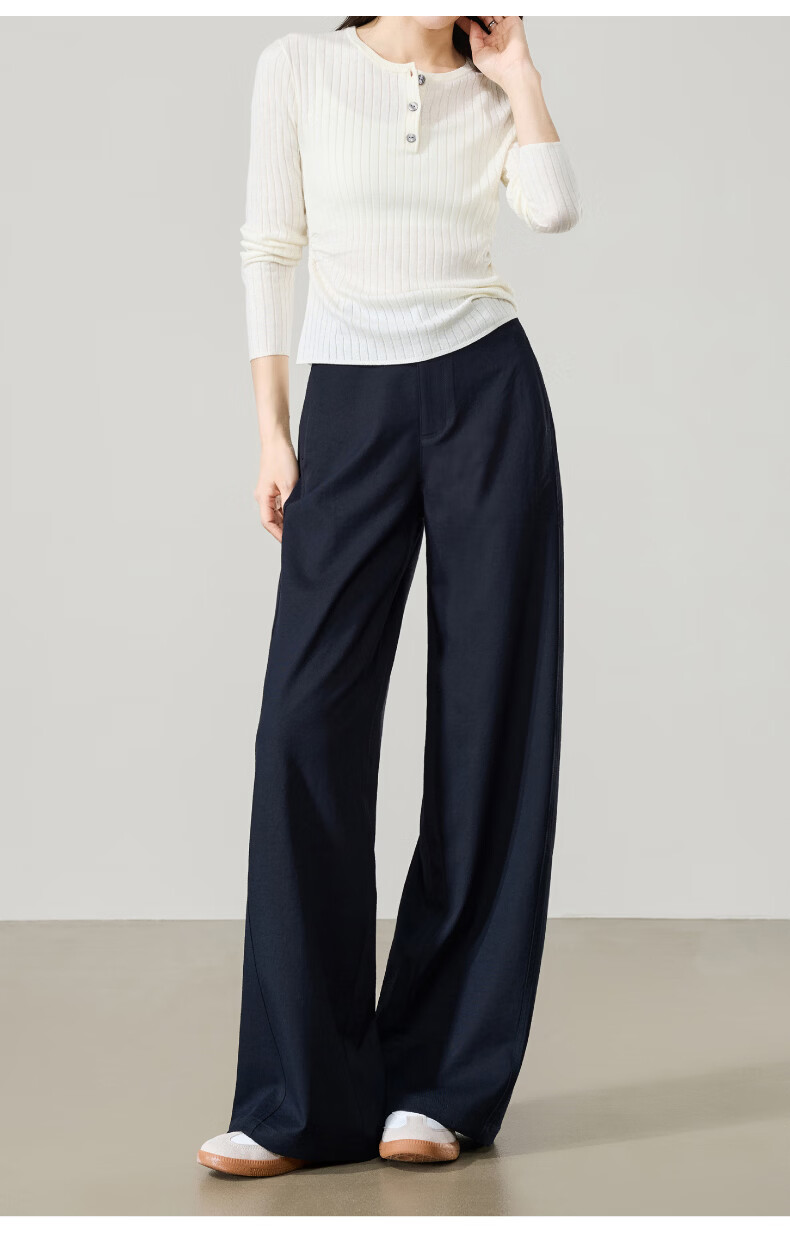 ESE-Y Wrinkle-Resistant Titanium Cotton Wide-Leg Pants for Women Spring 2026 New High-Waist Side Split Loose Straight Casual Pants Navy Blue Size 27 15