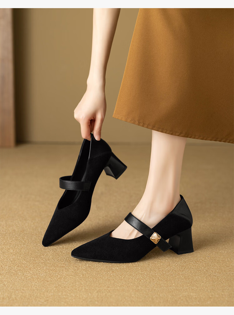 ZHR Pointed Toe Mary Jane Shoes for Women 2026 Spring New Thick Heel Suede Retro Versatile High Heels BL701 Black Size 34 11