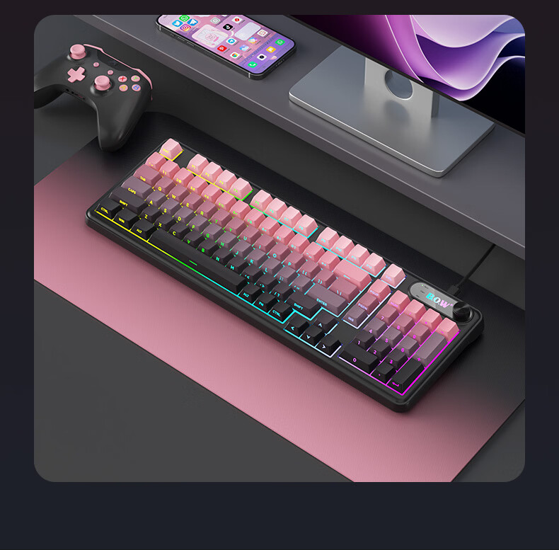 B.O.W Hangshi K980BDL Tri-mode Wireless Bluetooth Keyboard Compatible with Huawei Apple Wired Mechanical Feel Gaming Office Typing Female High Appearance 98 Keys Blackberry Pink 7