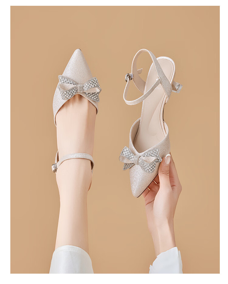 Josiny French Style Pointed Toe High Heels Women 2026 Summer New Rhinestone Bowknot Ankle Strap Stiletto Wedding Shoes Rose Gold 37 8