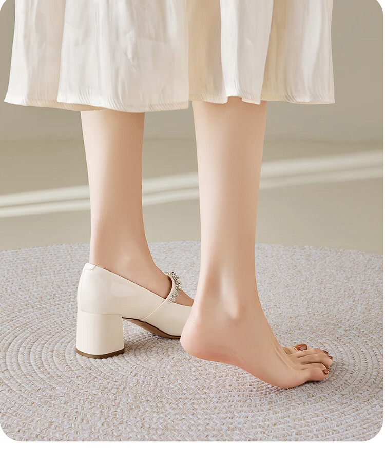 Josiny French Mary Jane Shoes Women's 2026 Summer New Rhinestone Chunky Heel Height Increasing Pumps with Skirt Off-White Size 37 13