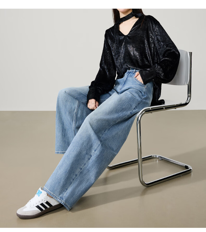 ESE-Y Relaxed Hip-Covering Pants 2026 Spring New High-Waist Shaped Curved Blade Denim Wide-Leg Scythe Pants Light Blue 28 8