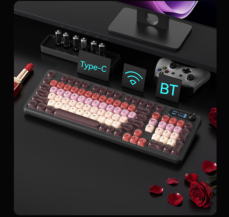 B.O.W Hangshi K960BDL Tri-Mode Wireless Bluetooth Keyboard for Women, Stylish Design Compatible with Huawei, Xiaomi Laptops, Tablets, Desktops And Smartphones, Universal 98-Key Layout, Milk Tea Pink Base Liquid 8
