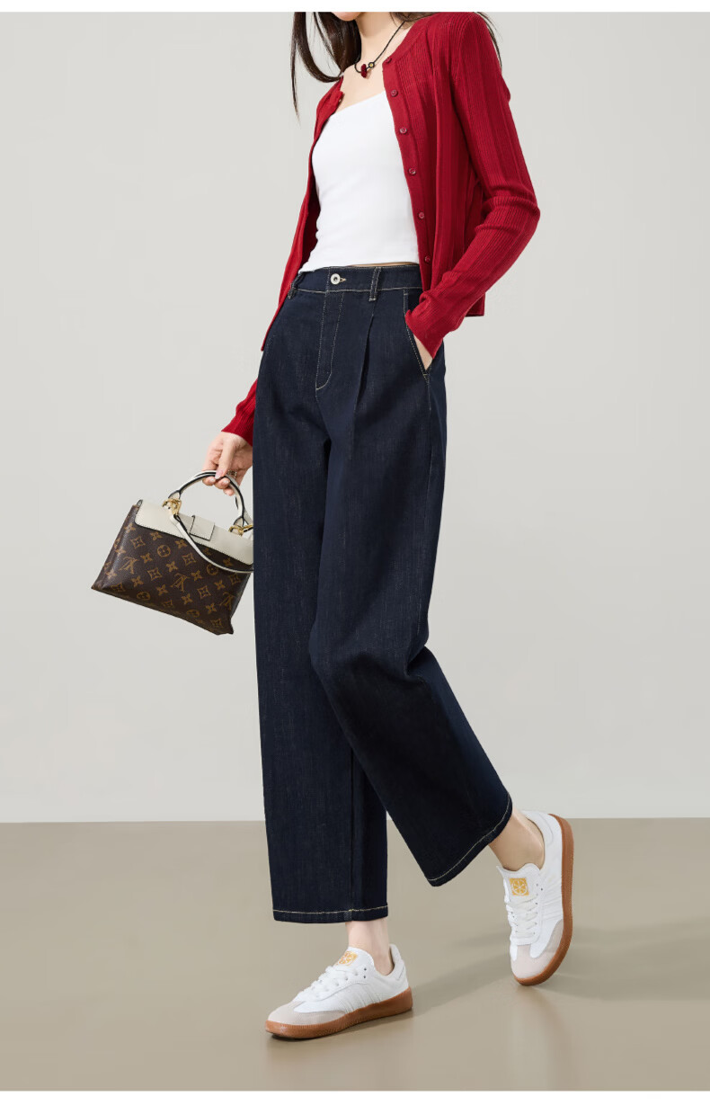ESE-Y Women's Dark Blue Wide-Leg Denim Jeans 2026 Spring New Slim High-Waist Casual Curved Pants Size 26 24