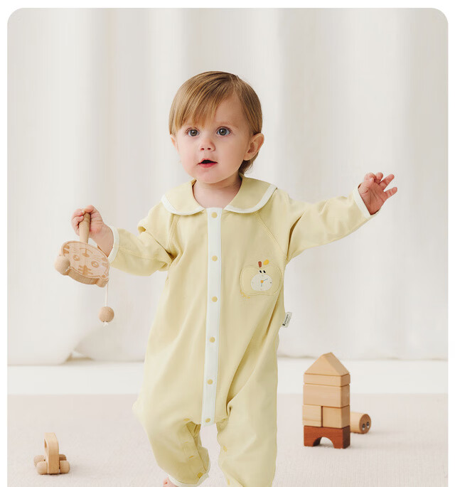TONGTAI Baby Romper Spring and Autumn Pure Cotton Newborn Outing Lapel Jumpsuit Yellow 59cm 25