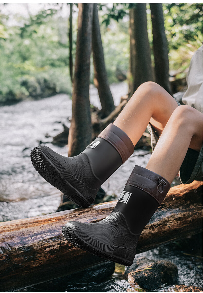 KINGLOVOUN Women's Rain Boots 2026 New Fashion Mid-Calf Waterproof Slip-Resistant Rubber Shoes Black Size 38-39 18