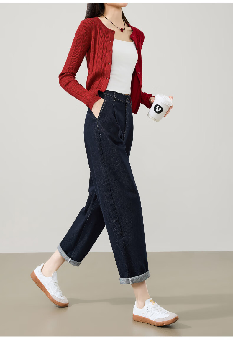 ESE-Y Women's Dark Blue Wide-Leg Denim Jeans 2026 Spring New Slim High-Waist Casual Curved Pants Size 26 22