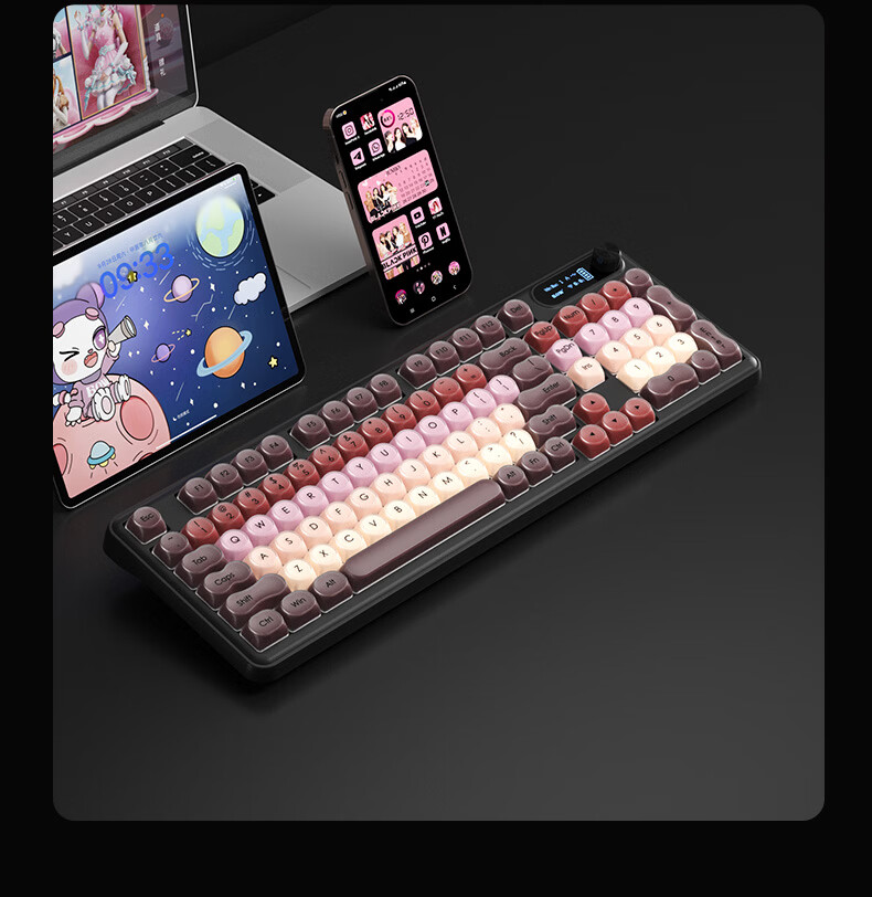 B.O.W Hangshi K960BDL Tri-Mode Wireless Bluetooth Keyboard for Women, Stylish Design Compatible with Huawei, Xiaomi Laptops, Tablets, Desktops And Smartphones, Universal 98-Key Layout, Milk Tea Pink Base Liquid 9