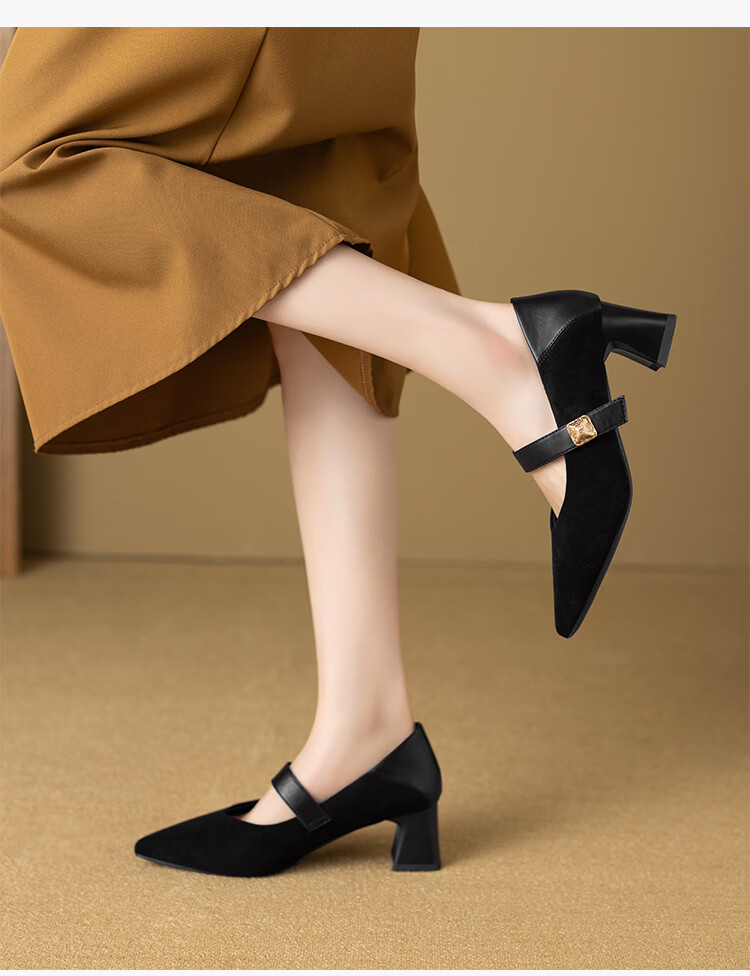 ZHR Pointed Toe Mary Jane Shoes for Women 2026 Spring New Thick Heel Suede Retro Versatile High Heels BL701 Black Size 34 12